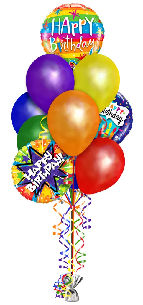 Happy Birthday balloon bouquet consisting of 10 11" latex balloons and 3 18" birthday foil balloons.