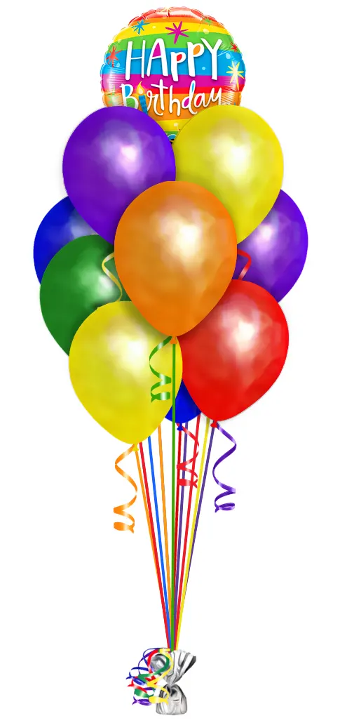Happy Birthday balloon bouquet consisting of 12 latex balloons and 1 happy birthday foil balloon.