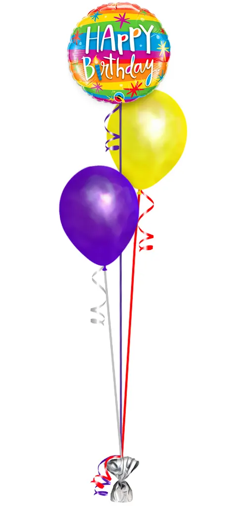 Happy Birthday Balloon Bouquet Consisting of 2 11" Latex Balloons & 1 Happy Birthday Foil Balloon.