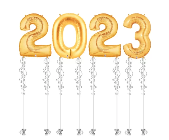 Jumbo number set 2023 with each number held down by 2 weights.