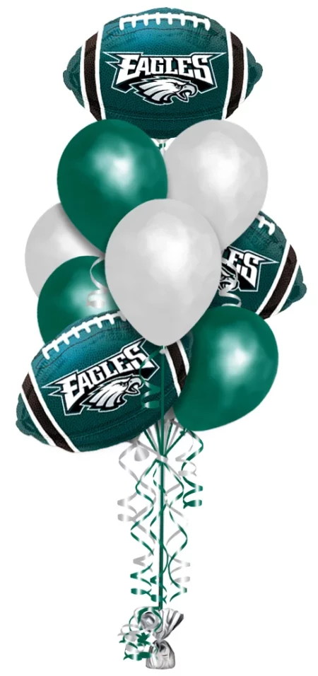 Philadelphia Eagles Balloon Bouquet Consisting Of 10 Latex Balloons & 3 NFL Philadelphia Eagles Football Shaped Foil Balloons.