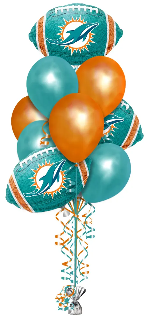 Miami Dolphins Balloon Bouquet Consisting Of 10 Latex Balloons & 3 NFL Miami Dolphins Football Shaped Foil Balloons.