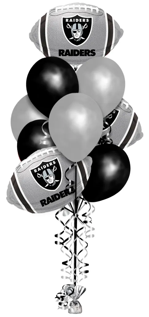 NFL Las Vegas Raiders Balloon Bouquet Consisting Of 10 Latex Balloons & 3 NFL Las Vegas Raiders Football Shaped Balloons.