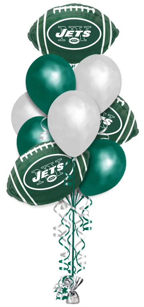 New York Jets Balloon Bouquet Consisting Of 10 Latex Balloons & 3 NFL New York Jets Football Shaped Foil Balloons.