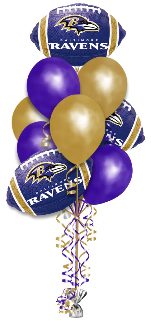 NFL Baltimore Ravens Balloon Bouquet Consisting Of 10 Latex Balloons & 3 NFL Baltimore Ravens Football Shaped Balloons.