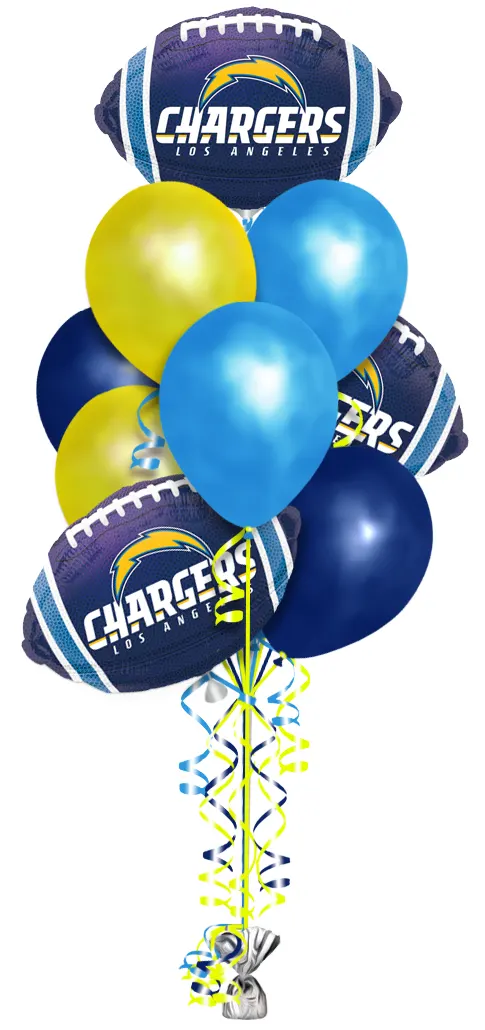NFL Los Angeles Chargers Balloon Bouquet Consisting Of 10 Latex Balloons & 3 NFL Los Angeles Chargers Football Shaped Balloons.